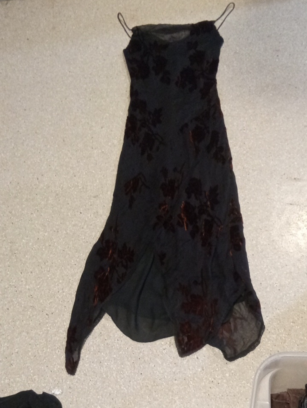 #762 "Cachet" Vintage Black Silk Floral Velvet Asymmetrical Slip Dress